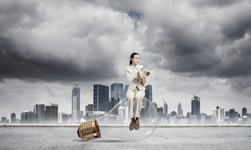 Attractive woman playing trumpet brass on background modern city and storming sky. Young