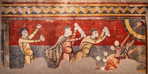 Stoning of Saint Stephen, Romanesque fresco, circa 1100, Church of Sant Joan de Boí, Alta