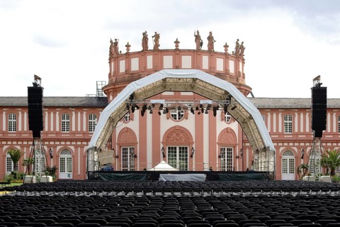 Wiesbaden, Germany - July 14, 2016: A concert stage set up with rows of seats for a classical