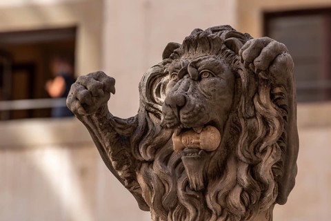 Sculpture details of rich decorated courtyard of Palazzo Vecchio in Florence, Italy