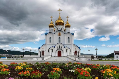 PETROPAVLOVSK KAMCHATSKY CITY, KAMCHATKA PENINSULA, RUSSIA, AUG 17, 2018: Holy Trinity Orthodox