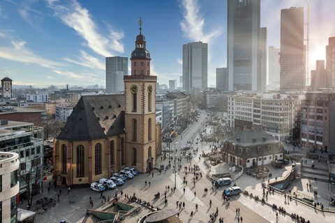 Frankfurt city centre near Hauptwache with St. Catherine's Church, skyline in the background at