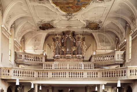 Volkach on the Main. Parish church of St. Bartholomew from 1413, baroqueised from 1727. View of the