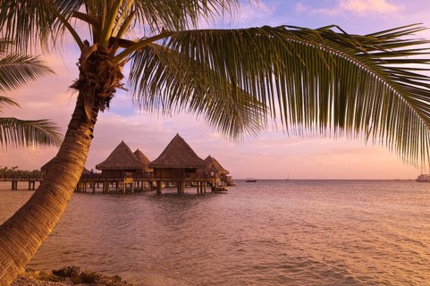 French Polynesia, Hua Hin, Rangiroa. Sunset, Kia Ora Resort, Rangiroa
