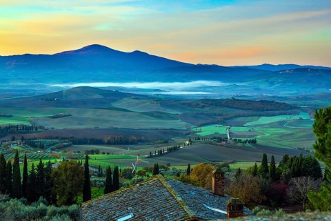 Predawn dusk. Tuscany. Photo taken on a protective wall around the ancient city of Pienza. The