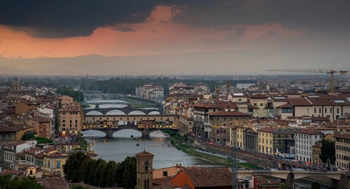 Panoramic skyline of the historical city of Florence in Italy from Michelangelo piazza just before