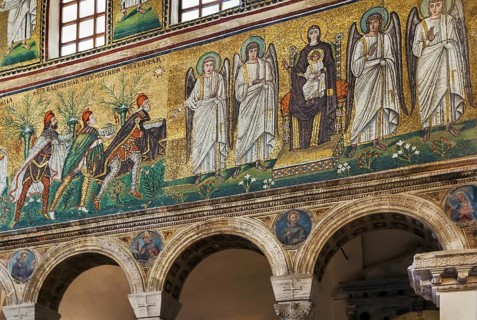 Mosaics on the side of the nave in Basilica of Sant Apollinare Nuovo, Ravenna. Italy