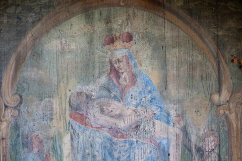 Mary holding the dead Jesus, painted wooden panel, detail, gravestone, Waasenkirche cemetery,