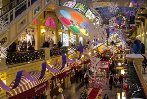 Moscow, Russia, December 2, 2018: New Year and Christmas decorations in the galleries of the Main