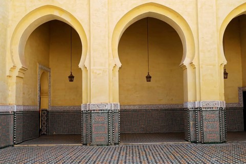 Meknes, Morocco, Africa, Yellow arches with detailed mosaic tiles, On the way to Fes