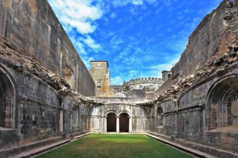 Palace of the Knights Templar in the small town of Tomar, Portugal. Beautiful green inner