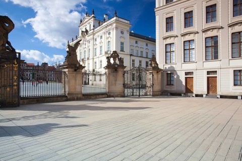 View on Archbishops Palace from the First Courtyard of Prague Castle. In the First Courtyard that