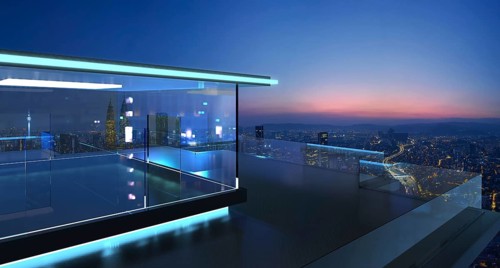 3D rendering of a modern glass balcony with city skyline real photography background, early morning