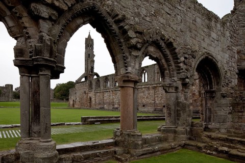 Cloister remains, south wall and south-west corner tower from the south-east, St., Sankt, Saint