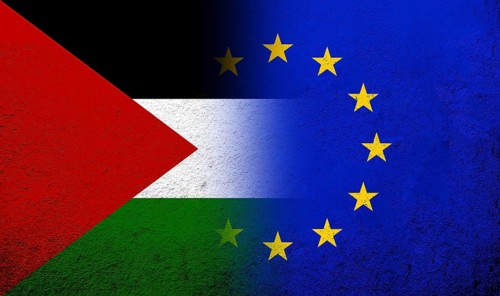 Flag of the European Union with Flag of Palestine. Grunge background