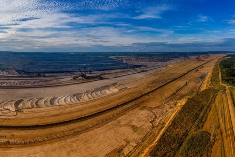 Panoramic view of Hambach surface mine and Hambach Forest, Germany. Drone photography