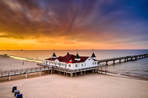 Drone view of famous old pier of Ahlbeck on island of Usedom in the baltic sea