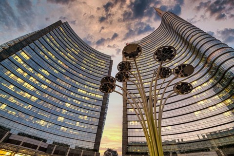 Milan Italy, Porta Nuova District. Gae Aulenti Square. Unicredit Tower