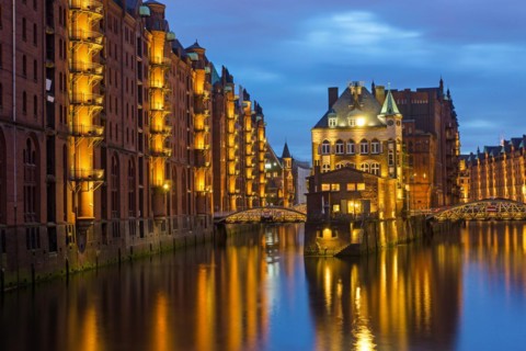 In the Speicherstadt in Hamburg at night