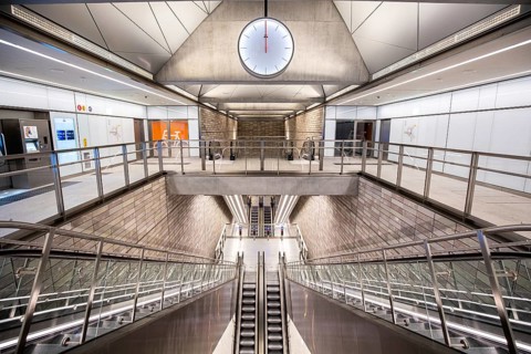 Copenhagen, Denmark, October 13, 2019: Interior view of the new metro station Enghave Plads on the