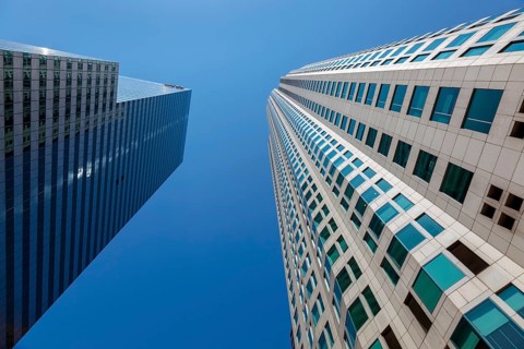 LOS ANGELES, CALIFORNIA, USA - JULY 28 : Skyscrapers in the Financial district of Los Angeles