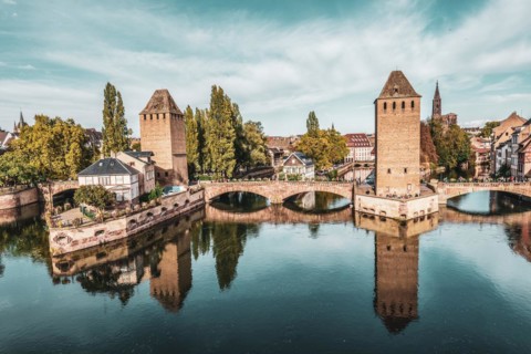 The three bridges of the Ponts Couverts in Strasbourg, France