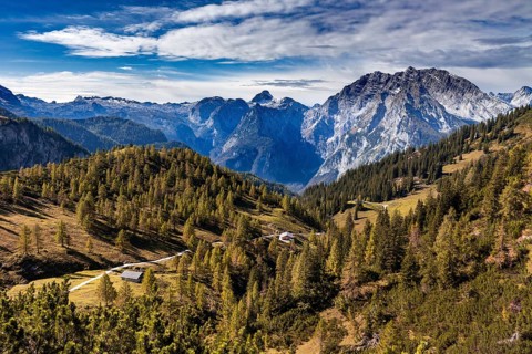 View from the Hagen mountains towards Watzmann in Berchtesgadener Land, Bavaria, Germany, in autumn