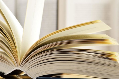 Composition with hardcover books in the library