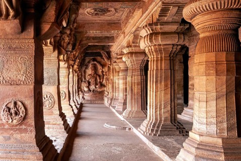 6th century Cave 3 dedicated to Vishnu, is the largest and most elaborate in Badami, Karnataka,