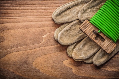 Garden tie wire leather safety gloves on wooden board gardening concept