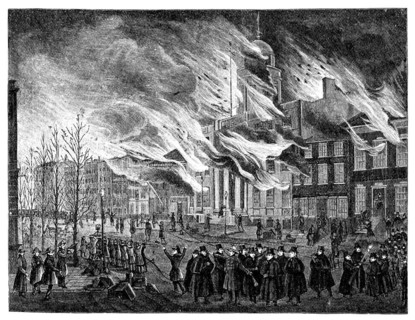 The Great Fire of New York in 1835. Vintage engraving from Harpers Monthly magazine 1881. by the