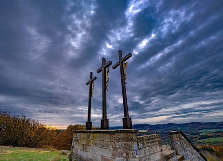 Crucifixion group, three crosses on the Kreuzberg in the Rhön, 12th station of the Way of the Cross