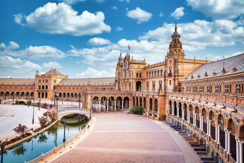 Spain, Seville. Spain Square, a landmark example of the Renaissance Revival style in Spanish