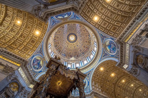 Saint Peter Basilica, Vatican State in Rome: interior with detail of cupola decorations