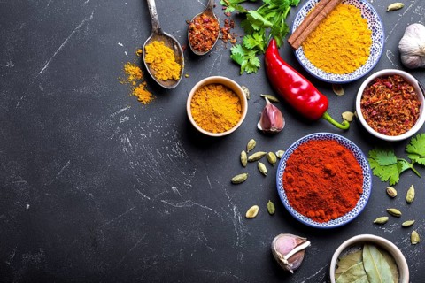 Set of Indian food cooking ingredients. Traditional Indian assorted spices and herbs. Curry,