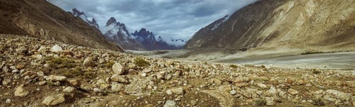 Panorama of beautiful Karakoram Mountain Range with majestic peaks of Trango Towers above Baltoro