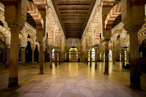Hypostyle Prayer Hall in the Mezquita (The Great Mosque) with columns of jasper, onyx, marble, and