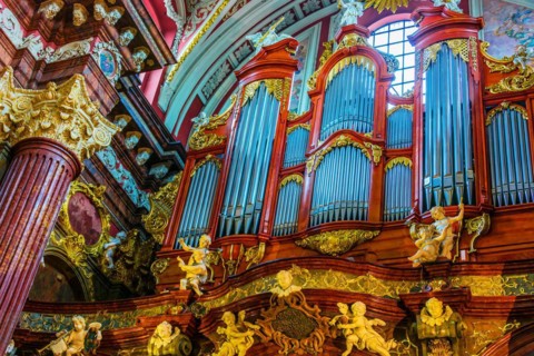 POZNAN, POL - NOV 27, 2018: Interior of Fara, St. Mary's Basilica in Poznan, Poland