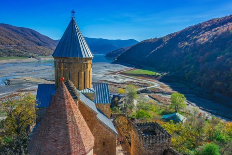 Ananuri castle and Church of the Mother of God on Aragvi River in Georgia