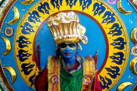 Theyyam dancer, temple ritual dance, Kerala, South India, India, Asia