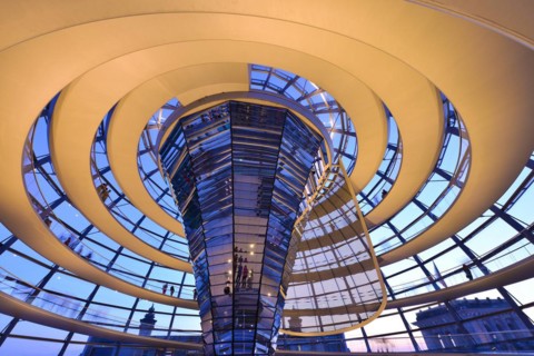 Reichstag in Berlin, the photo shows the dome of the Reichstag with the walkable spiral inside. The