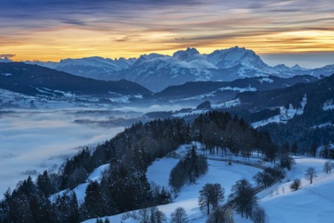 Dreamlike winter landscape at sunset with a view from the Allgäu Alps over the Bregenzerwald in