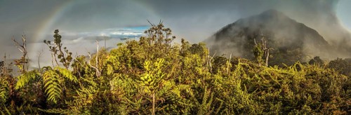 Panoramic photo of mountains covered by fog with rainbow in Digne in Kubor range, Papua New Guinea.