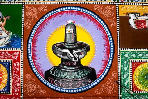 Siva Lingam, murals on a shiva temple ceiling near Pudukkottai, Tamil Nadu, India, Asia