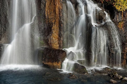 Waterfall Hraunfossar, river Hvita, Iceland, Europe