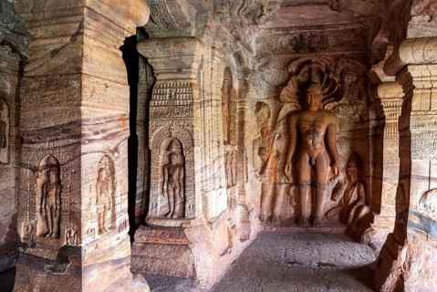8th century Bahubali in Cave 4, Badami Jain cave temple in Badami, Karnataka, South India, India,