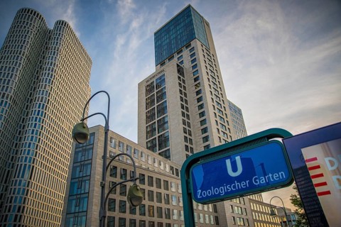 Berlin, Germany, June 2022: View on skyscrapers on Zoologischer Garten U-bahn or metro station with