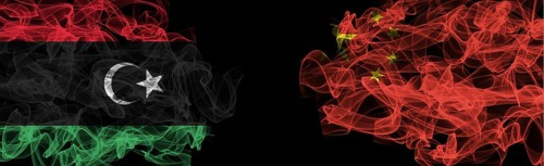 Flags of Libya and China on Black background, Libya vs China Smoke Flags