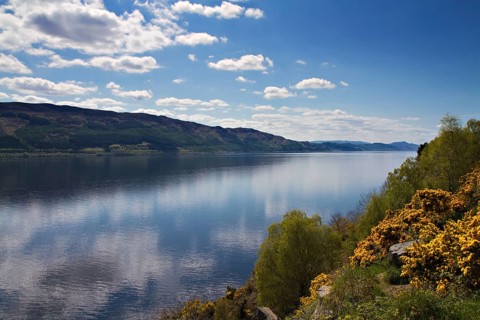 Lookout over Loch Ness with reflections of clouds, Scotland Scotland