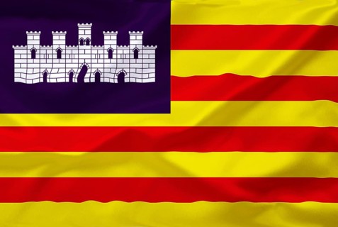 Spain, Catalonia, national flag, national flag, flag, flagpole, cumulus clouds against blue sky,